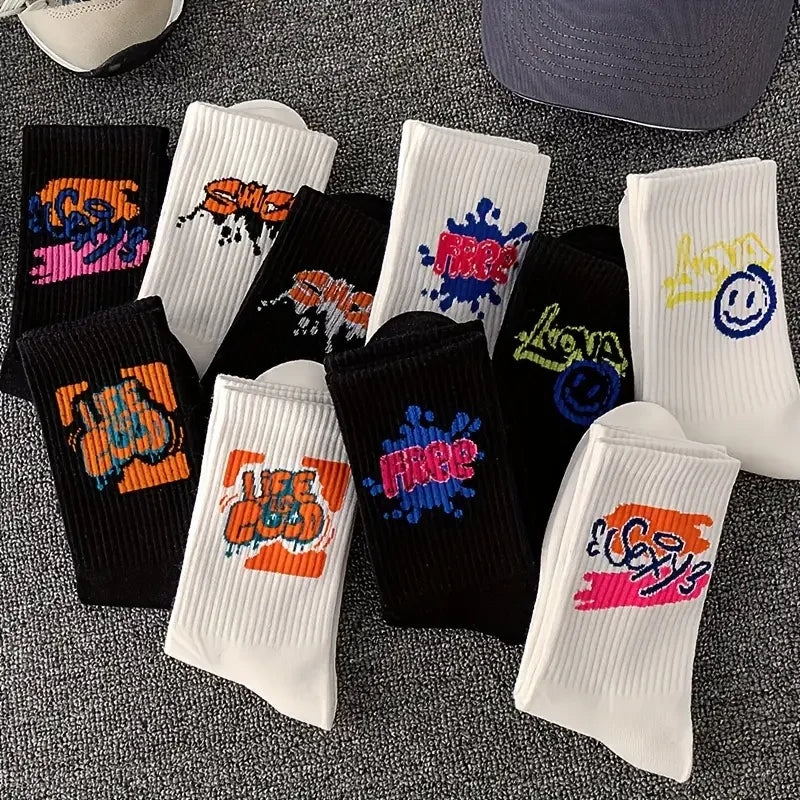 5/10 Pairs of High-Quality Couple's Fashionable Sports Socks With Graffiti Patterns Soft