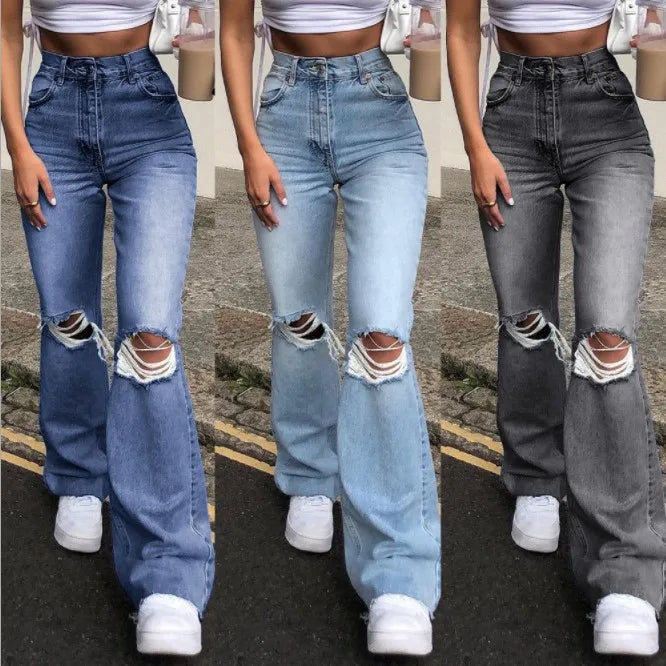 High-Waisted Flared Jeans with Ripped Details