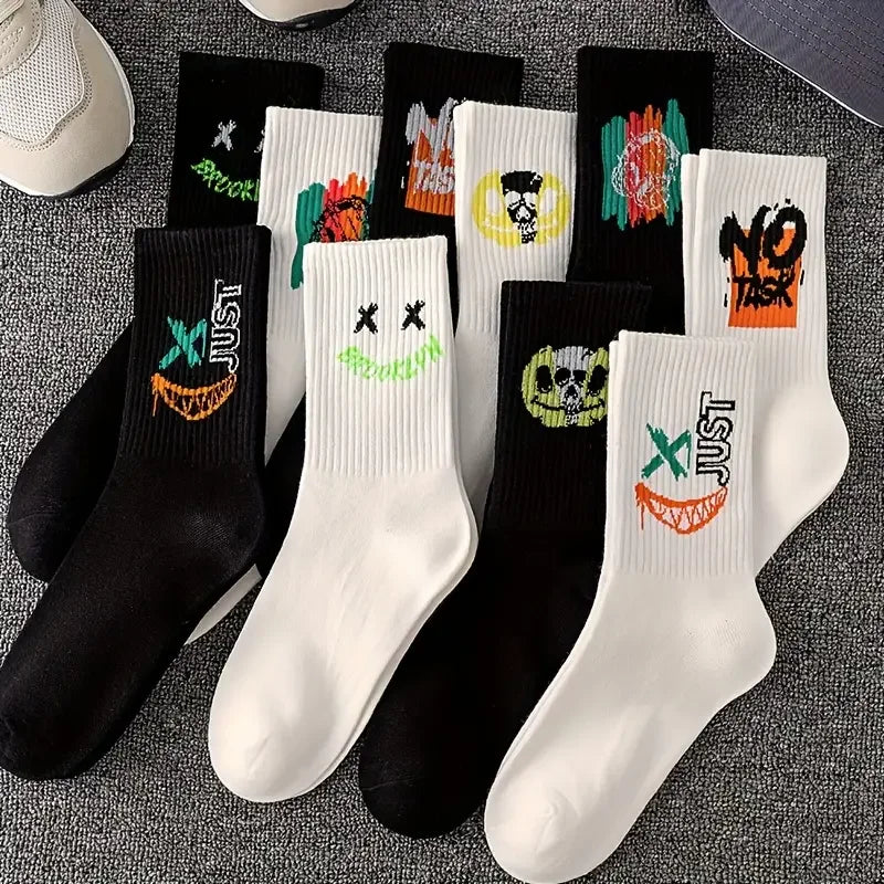 5/10 Pairs of High-Quality Couple's Fashionable Sports Socks With Graffiti Patterns Soft