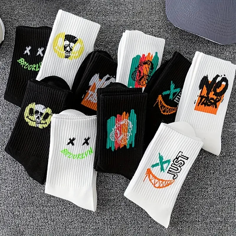 5/10 Pairs of High-Quality Couple's Fashionable Sports Socks With Graffiti Patterns Soft