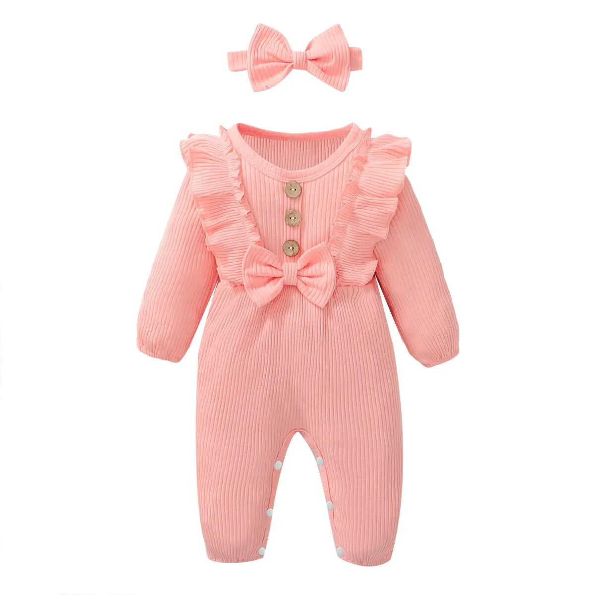 Baby Romper with Ruffles and Bow, Ribbed Design – Color Variants