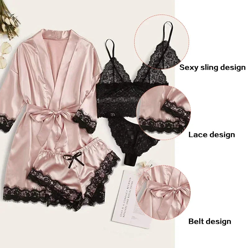 4-Piece Women's Sleepwear Set - Satin Pajamas with Robe & Lace Details