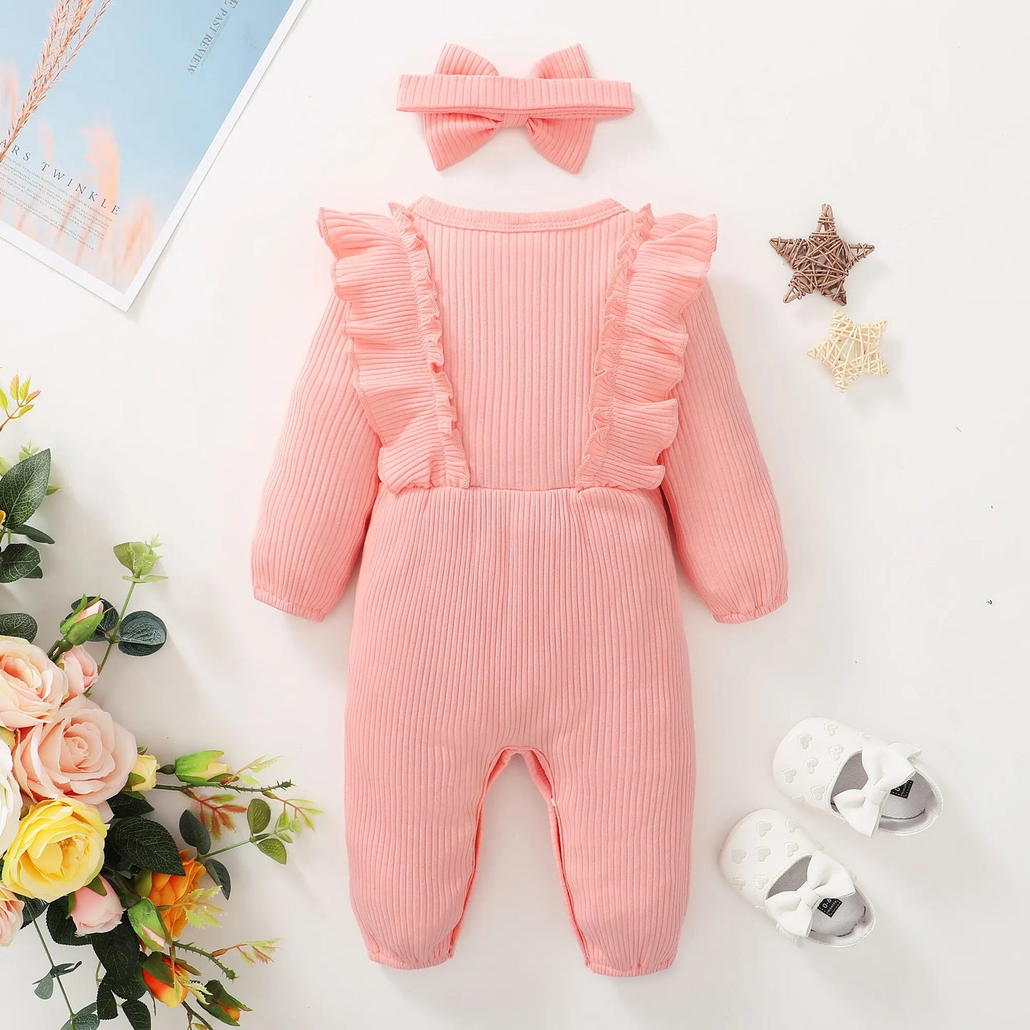 Baby Romper with Ruffles and Bow, Ribbed Design – Color Variants