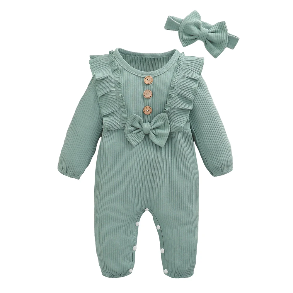 Baby Romper with Ruffles and Bow, Ribbed Design – Color Variants