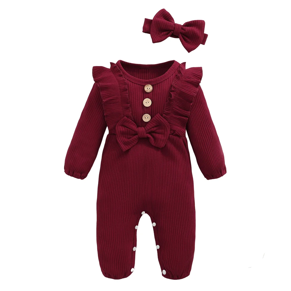 Baby Romper with Ruffles and Bow, Ribbed Design – Color Variants