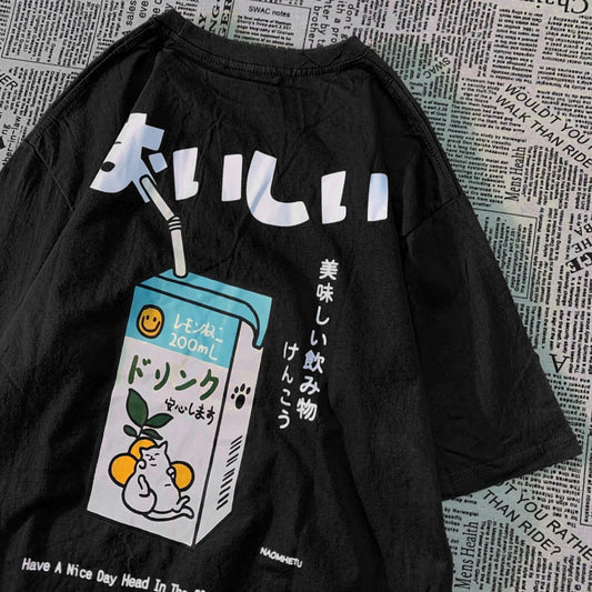 Japanese-Style T-Shirt with Drink Carton Print - Unisex