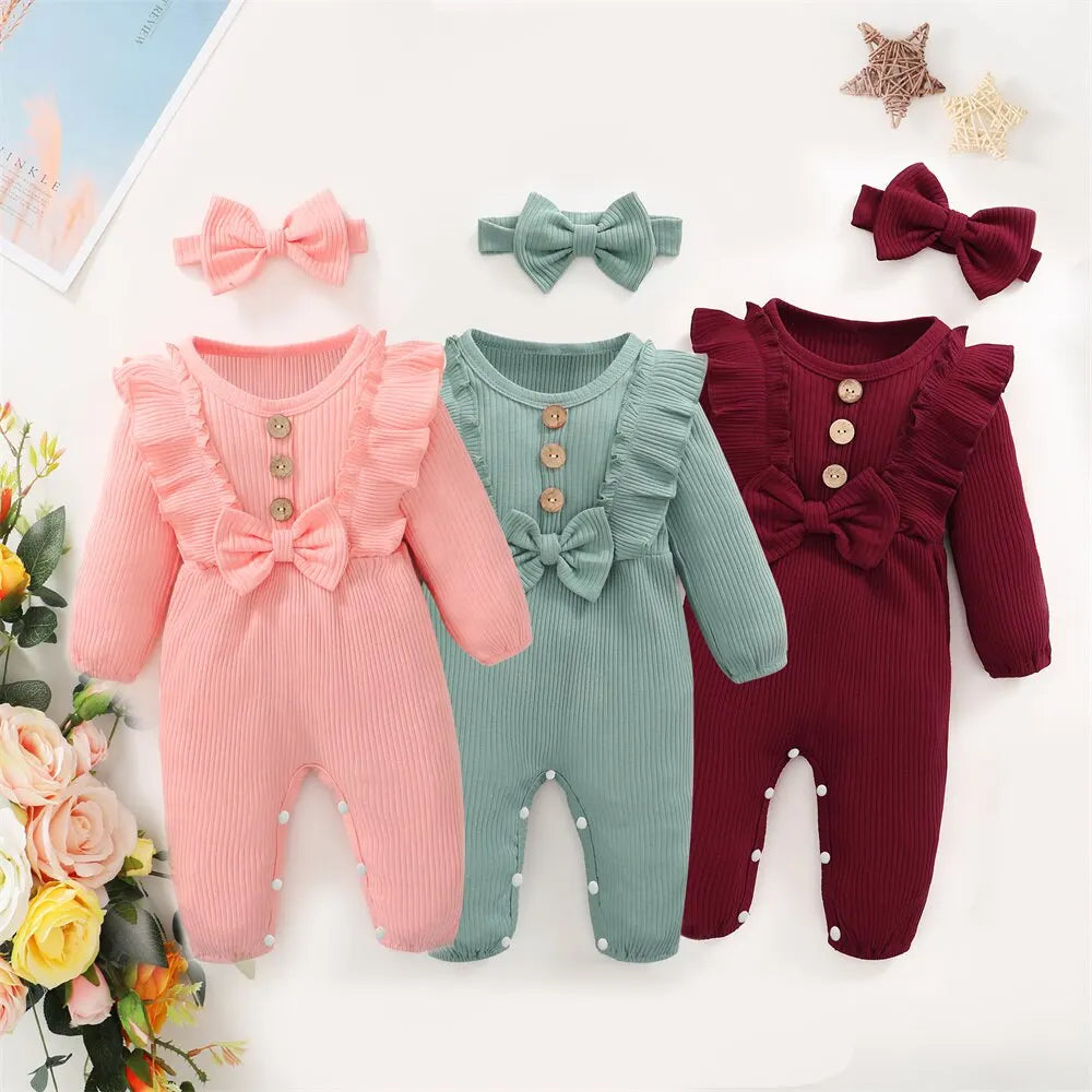 Baby Romper with Ruffles and Bow, Ribbed Design – Color Variants