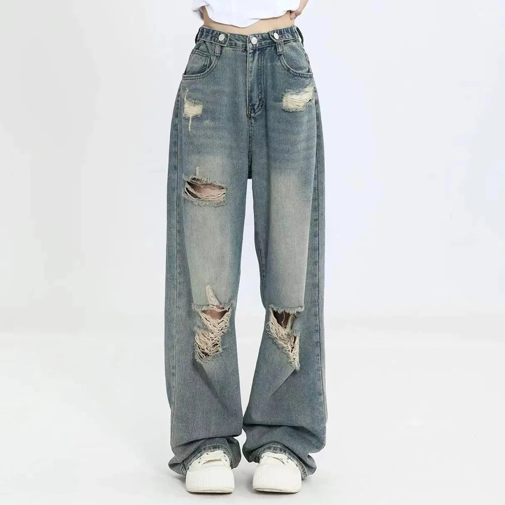 High-Waisted Baggy Jeans with Distressed Design - Vintage and Urban Style