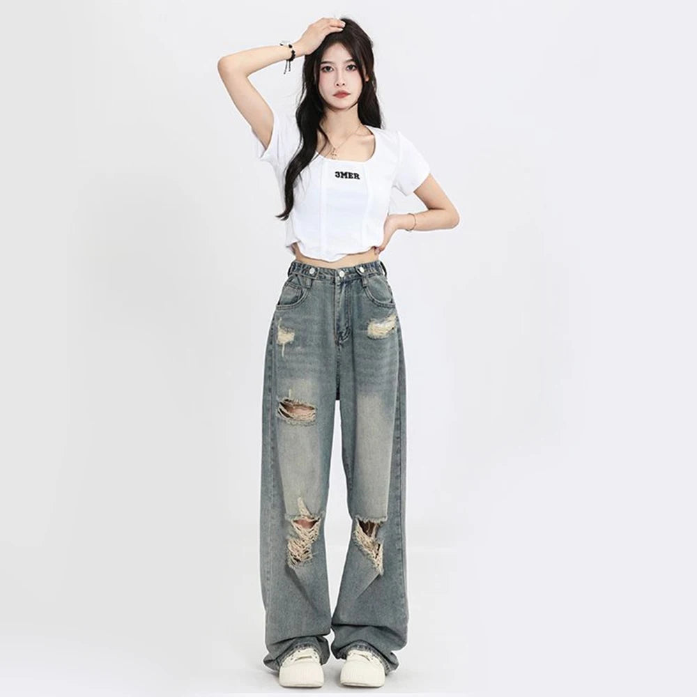 High-Waisted Baggy Jeans with Distressed Design - Vintage and Urban Style