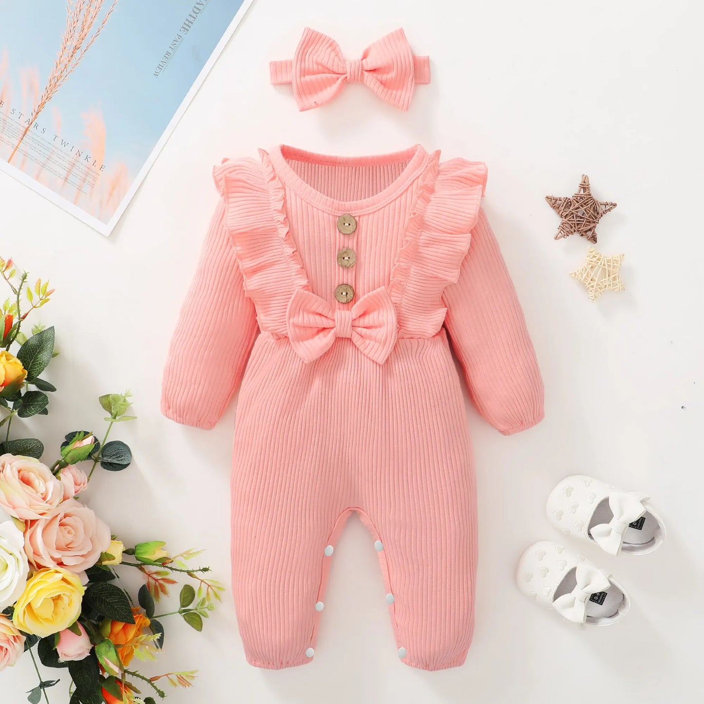 Baby Romper with Ruffles and Bow, Ribbed Design – Color Variants