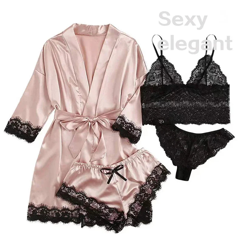 4-Piece Women's Sleepwear Set - Satin Pajamas with Robe & Lace Details