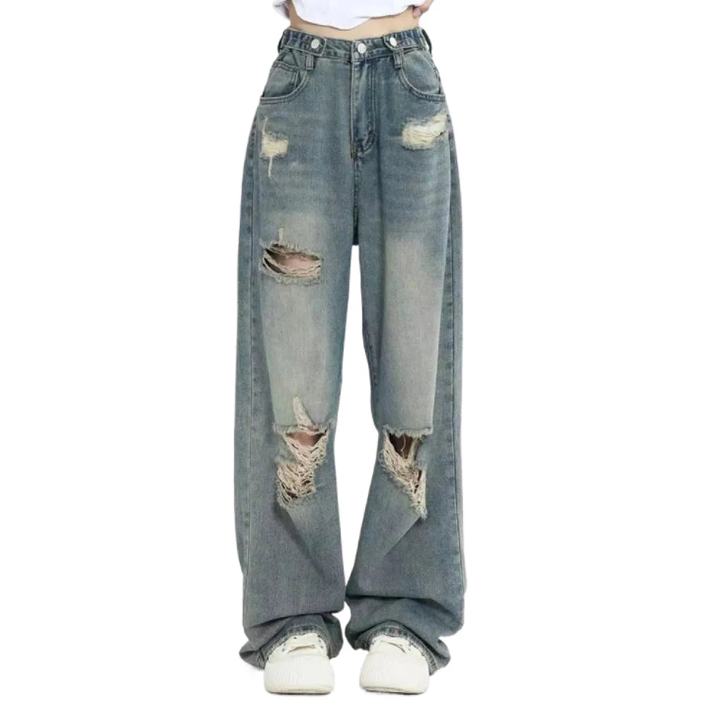 High-Waisted Baggy Jeans with Distressed Design - Vintage and Urban Style